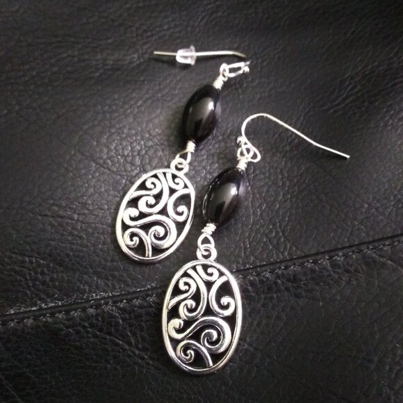 Silver Swirl Filigree & Black Jasper Bead Earrings ~ Feminine Power Tribal Vibes - Picture 1 of 9